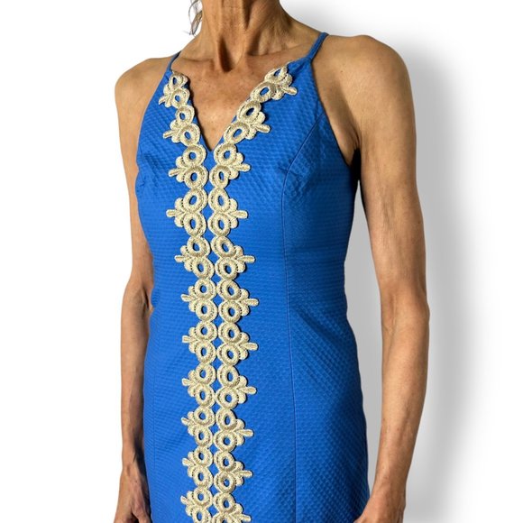 Lilly Pulitzer Pearl Sheath Lapis Blue Gold Lace Pique V Neck Dress Size 00 - Picture 3 of 9